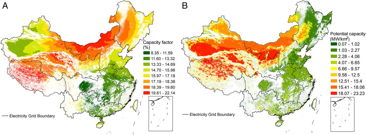 20211012-乐动平台环境学院、碳中和研究院、哈佛大学等联合团队系统解析我国太阳能发电平价路径与并网潜力-鲁玺-图1 光伏发电容量因子（A）及装机潜力（B）分布.jpg
